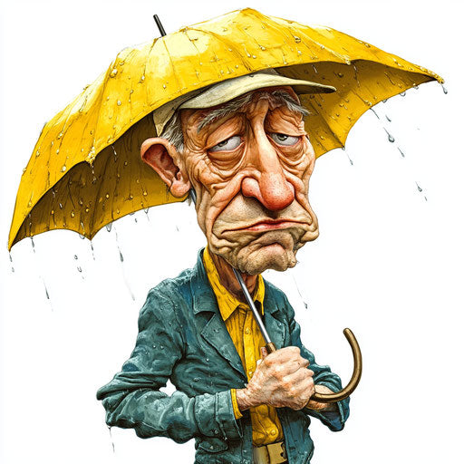 Humorous caricature of a rainy day