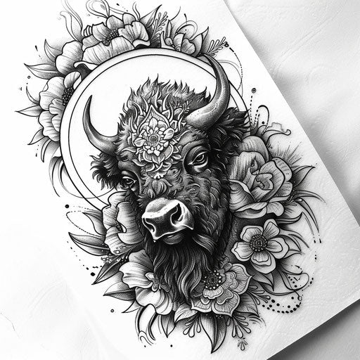 Elegant bison tattoo sketch in flat style with intricate floral patterns around it
