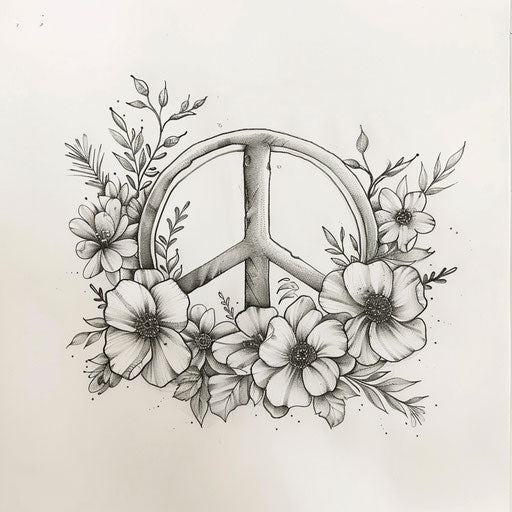 Stylishly Chic Peace Tattoo Sketch with Minimalist Floral Designs in Soft Hues