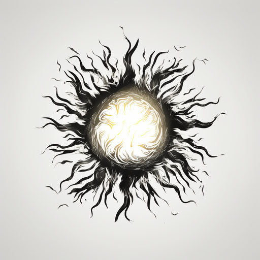 Flaming sun, archaeological object in black and white drawing