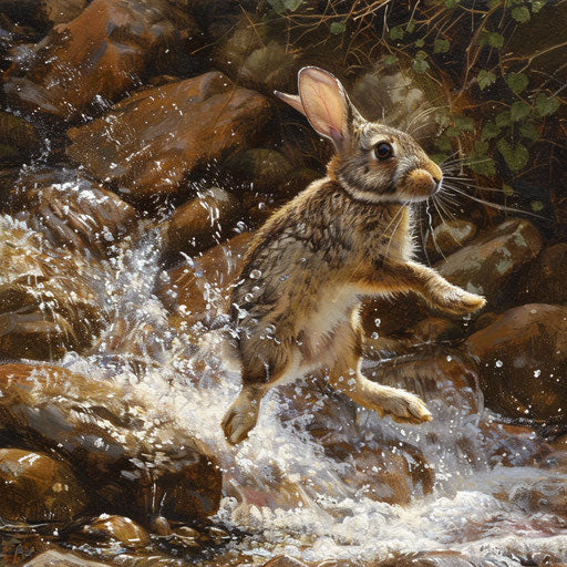 Rabbit leaping over a babbling brook