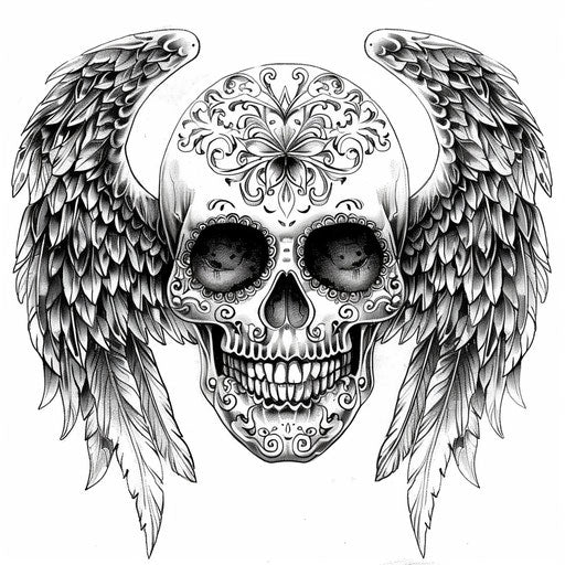 Sugar skull tattoo design with angel wings on white background