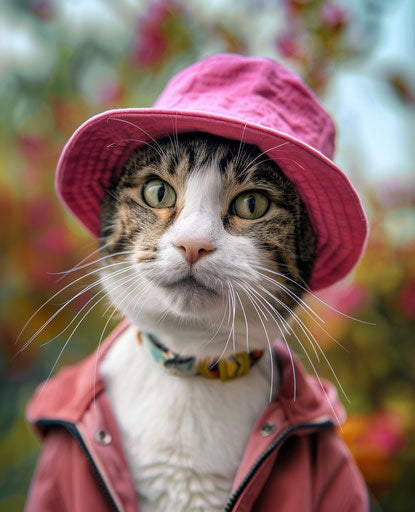 A cat with a pink hat, exaggerated facial features