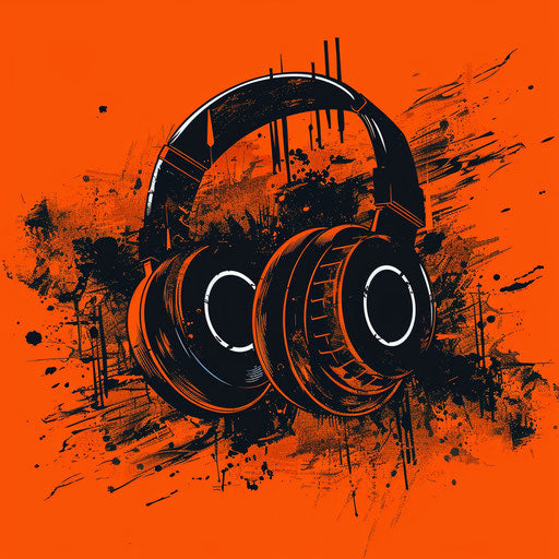Audio logo in orange and black with a vibrant background