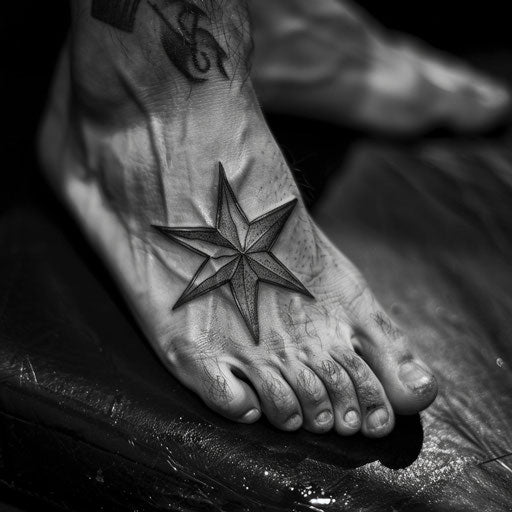 Foot tattoos in the style of Ami James featuring a minimalist star