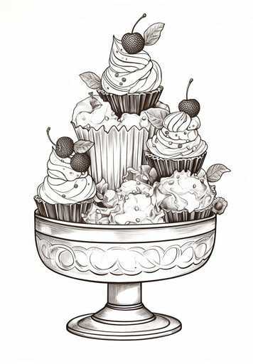 Cherry ice cream coloring pages in mid-century illustration style