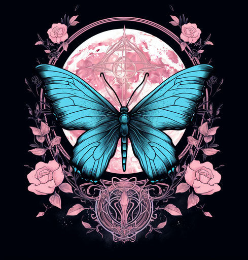 Moon and butterfly tattoo design, esoteric style, light pink and blue, graphic illustrations, dark emerald and light blue, symmetry
