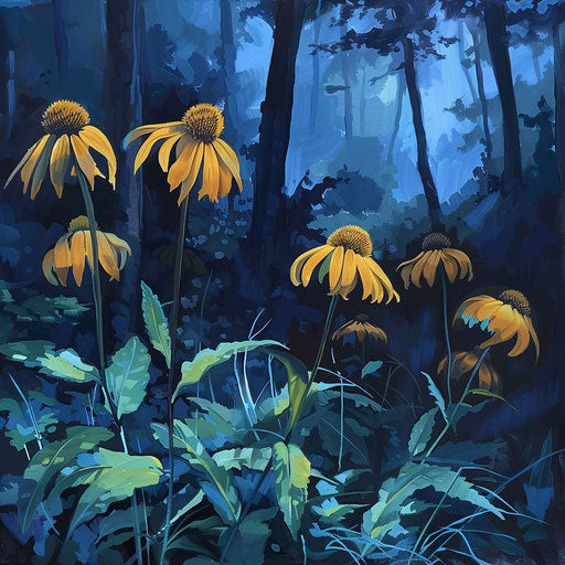 Yellow coneflowers under moonlight in forest