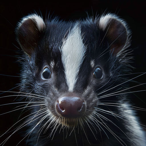 Close-Up of Skunk with Bright Eyes and White Stripes