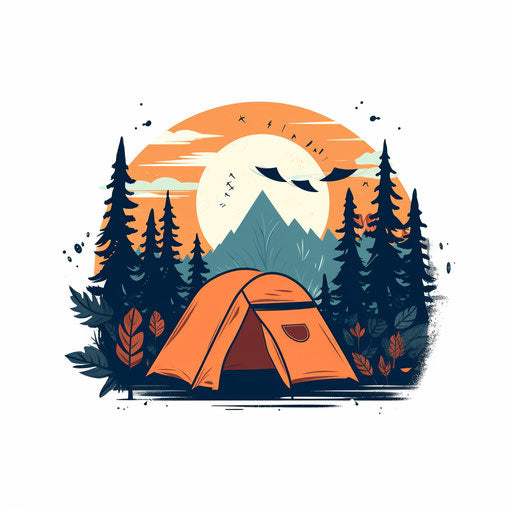 Summer camp illustration in minimalist style, on white background