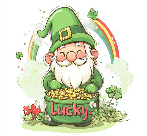 St. Patrick's Day gnomes with a pot of gold and a rainbow