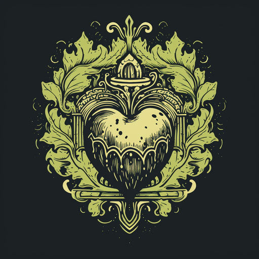 A hand drawn vegan tattoo design with a heart, leaves and crown