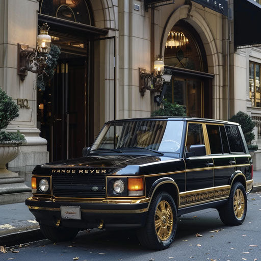 Ultra-luxury 1993 Range Rover with gold trim and custom leather interiors parked outside prestigious hotel