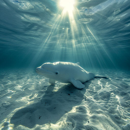 A beluga whale casting a shadow on the sandy ocean floor as it swims overhead, with rays of sunlight creating a mesmerizing pattern in the water.