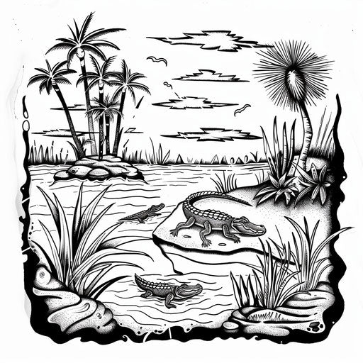 African river scene with crocodiles, black and white tattoo