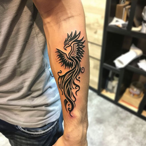 Cool tattoos for men featuring a tribal phoenix on forearm