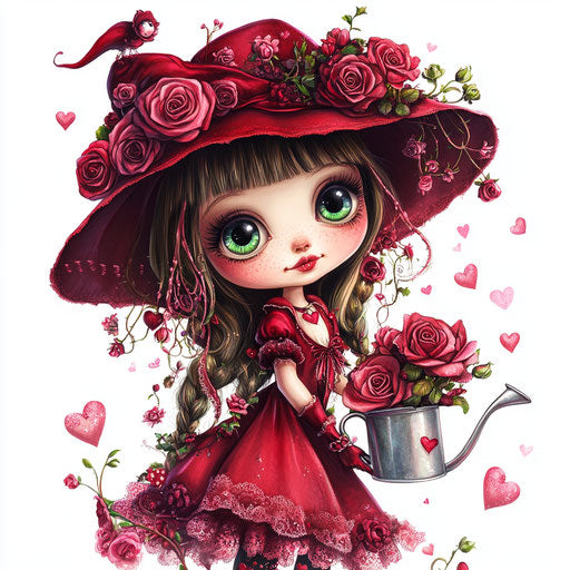 Valentine's Day cute witch with pink roses and hearts