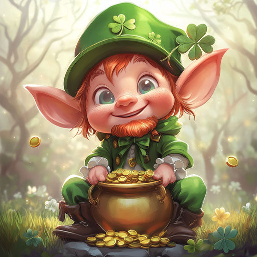 St. Patrick's Day, a cute leprechaun with a pot of gold and shamrocks in the style of Artgerm, in a cartoon style