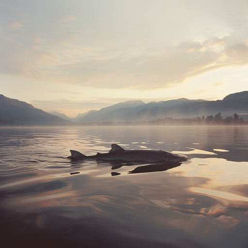 White sturgeon in a serene lake at sunrise with mist