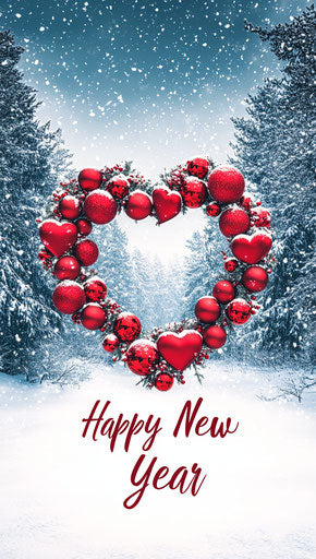 Heart-shaped Christmas wreath under the snowy landscape