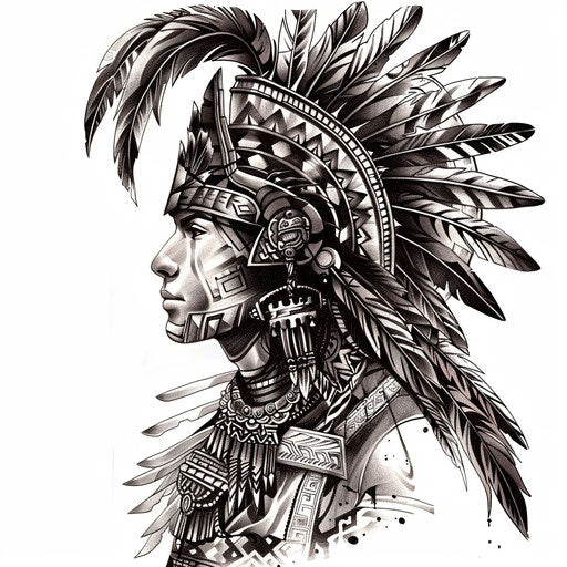Art deco inspired Aztec warrior tattoo on white