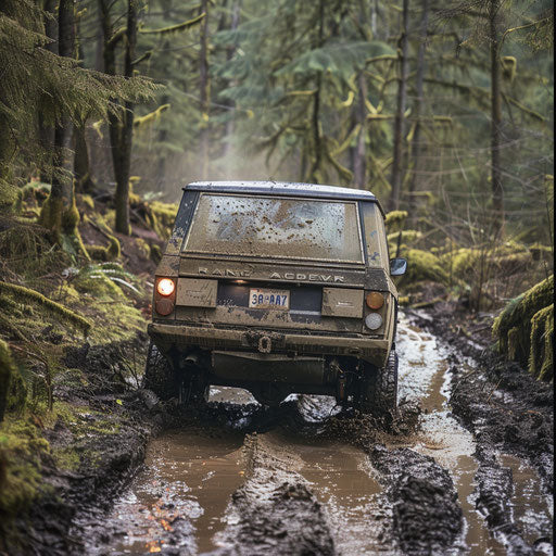 Lifted off-road vehicle navigating muddy trail