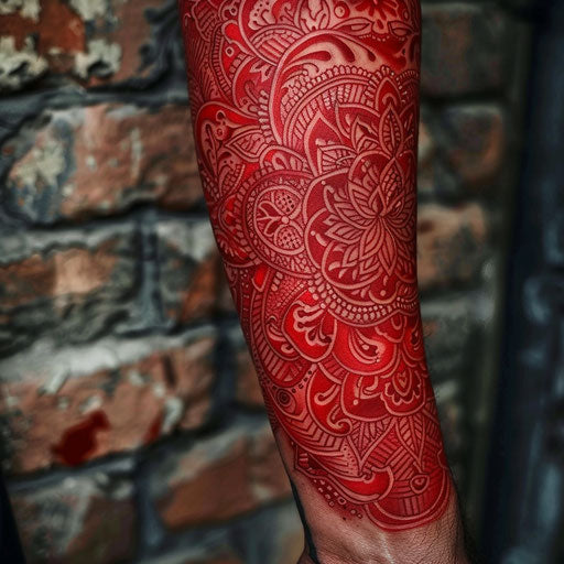 Red tattoos with intricate details