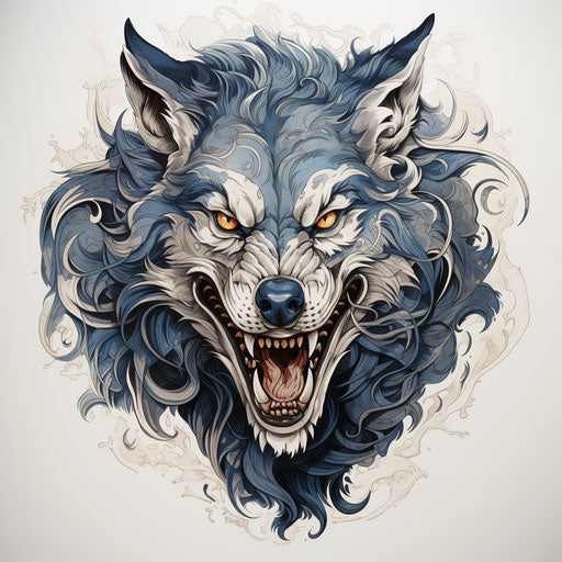 Grotesque wolf in classic tattoo style on grey background