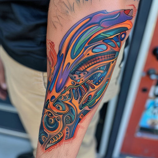 Abstract and colorful biomechanical mom tattoo