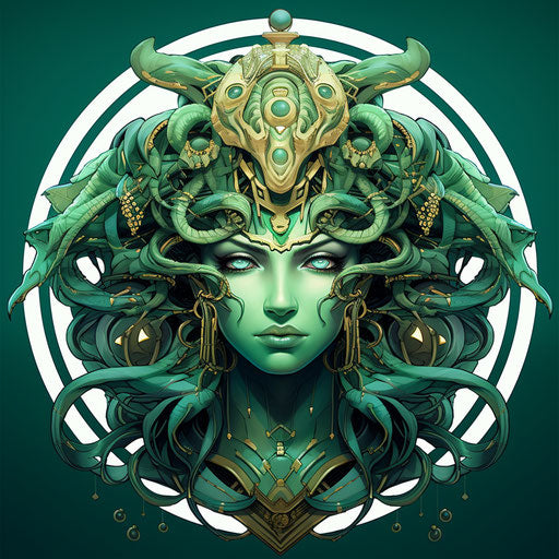 Goddess head with snake head in organic geometric shapes