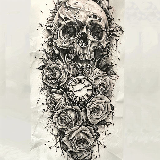 Sketch of a skull and roses tattoo with clock elements, full sleeve for men