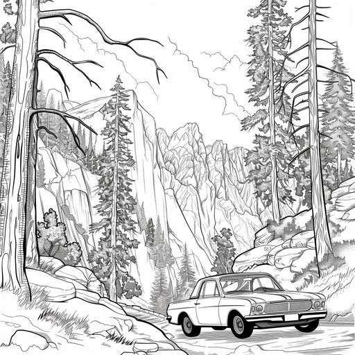 Car in a mountain landscape with tall trees