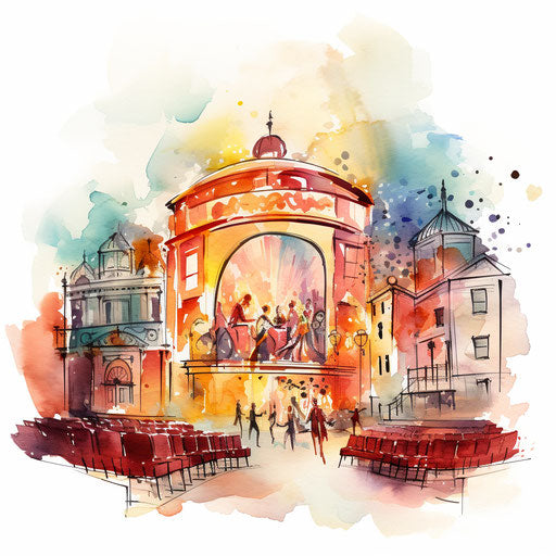 Theater illustration in the style of Impressionistic Art, on white background