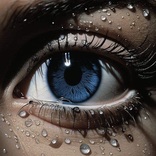 A woman's eye with a tear in silver and indigo