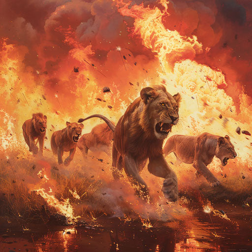 Lions skillfully navigating through a savanna wildfire