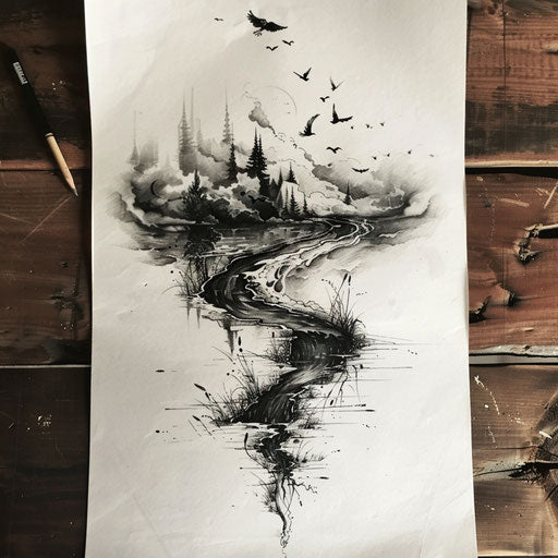 Surreal flat tattoo sketch of a riverside where the water turns into the sky