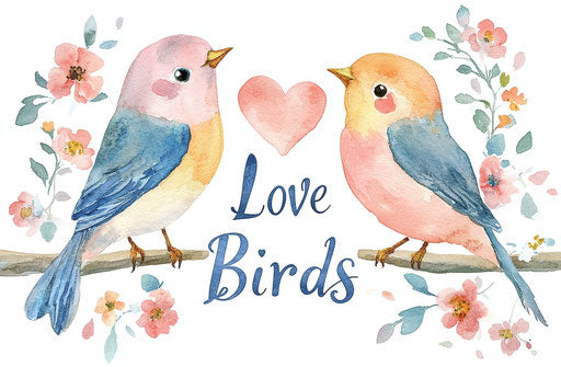 Beautiful love birds, hearts and flowers, creepy smiley face-style illustration, pastel colors isolated on white background
