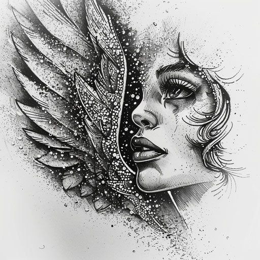 Spiritual sparkling tattoo sketch of an angel with silver-dusted wings