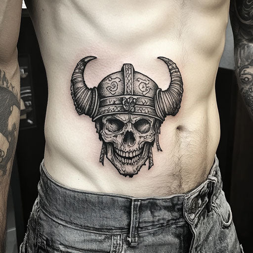 Viking tattoos for men with a fierce Viking skull wearing a horned helmet in the style of Steve McNiven