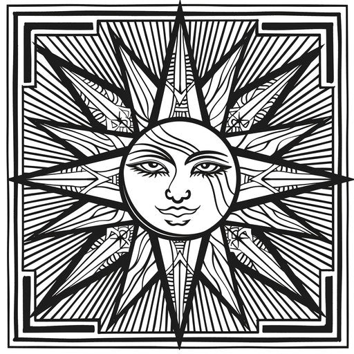 Stylized sun with geometric shapes, bold lines