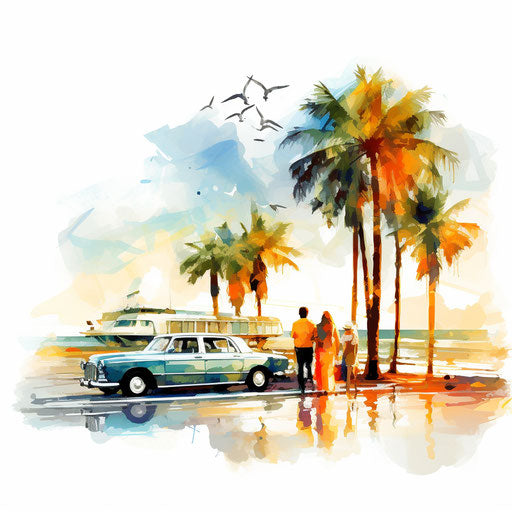 Vacation illustration in the style of Impressionistic Art, on white background