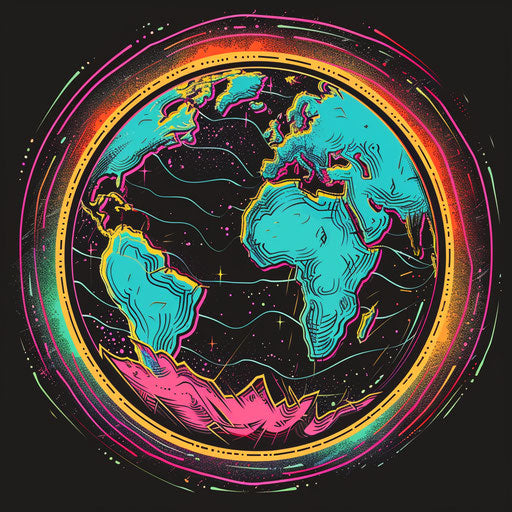 Flat Earth tattoo sketch with retro 1980s color theme