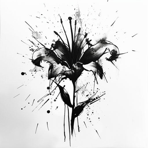 Abstract November birth flower art with ink and brush on white canvas
