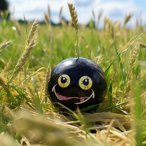 Emoji ball in dark grass, associated press style