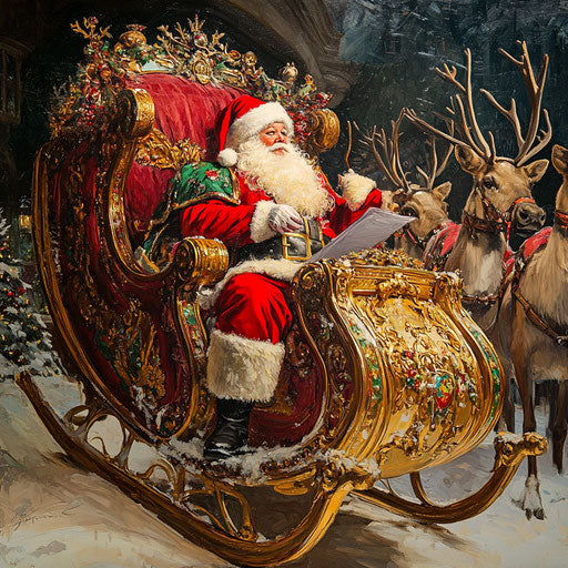 Santa Claus checking his list in ornate sleigh, reindeer ready to take off