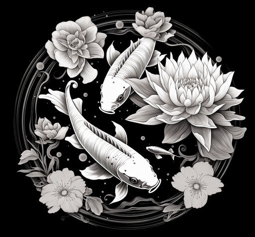 Koi fish with lotus lily, drawing for coloring