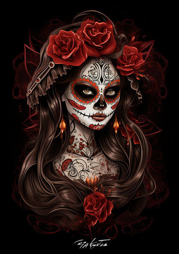 Day of the dead girl tattoo, digital style, red and brown, commission for, chalk