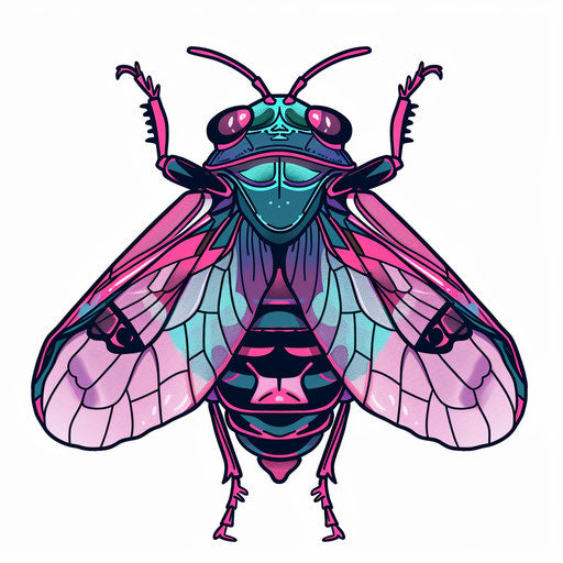 Electric tattoo sketch of a cicada with shocking pinks and electric blues