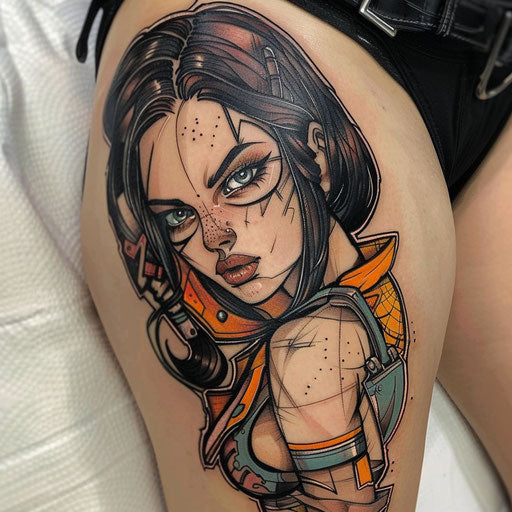 Female tattoos in comic book style, inspired by Humberto Ramos