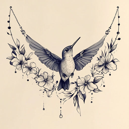 Flat tattoo sketch with hummingbird and floral elements